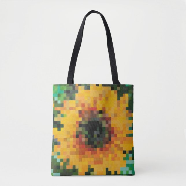Tournesol pixelisé en jaune vif sur fond vert tote bag (Front)