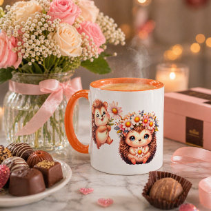  Tow cuteRomantic Floral Hedgehog Duo Illustration Mug