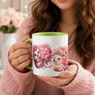  Tow cuteRomantic Floral Hedgehog Duo Illustration Mug