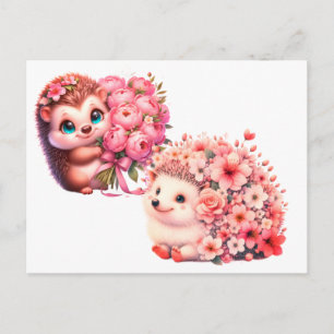Tow cuteRomantic Floral Hedgehog Duo Illustration Postcard