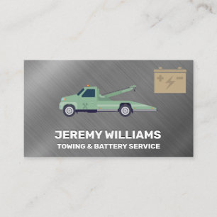 Tow Truck and Battery Metallic Brushed Business Card