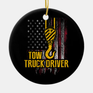 Tow Truck Driver USA Flag Funny Trucker  Ceramic Tree Decoration