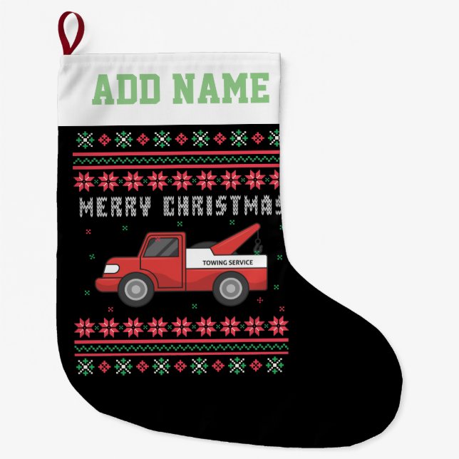 Tow Truck Ugly Christmas Sweater Large Christmas Stocking (Front)