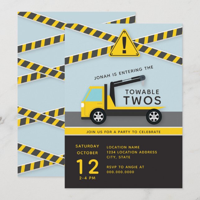 Towable Twos // Construction Second Birthday Invitation (Front/Back)