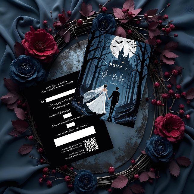 Toward Haunted Castle Wedding Couple Spooky Forest RSVP Card (Wedding Couple in Spooky Forest Toward Haunted Castle Confirmation RSVP Cards with QR Code.)