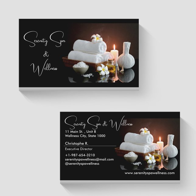 Towel, Flower, Candle, Oil Spa & Wellness Black Business Card (Creator Uploaded)