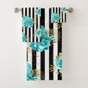 Towel Set Aqua Blue Floral Black Vert. Stripes