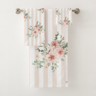 Towel Set Blush Pink Floral Vert. White Stripes