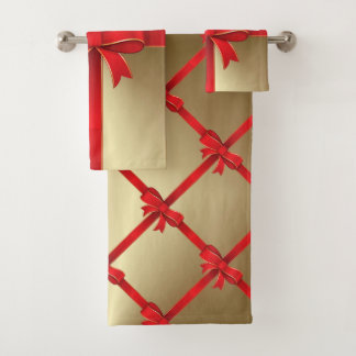 Towel Set - Red Bow & Ribbon on Gold