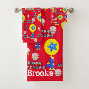 Towel Sets, #4 Happy 4th Birthday Red