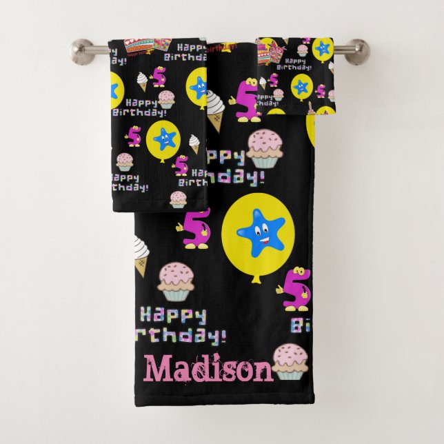 Towel Sets, #5 Happy 5th Birthday Black (Insitu)