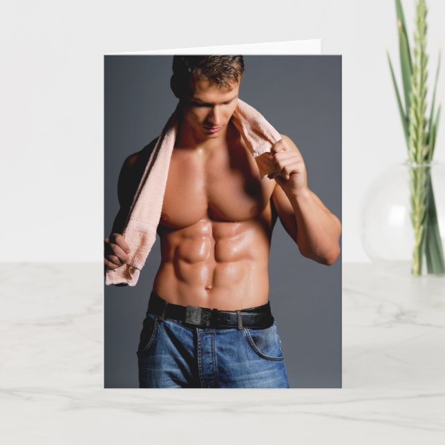 Towelling Off Hot Guy Greetings Card (Front)
