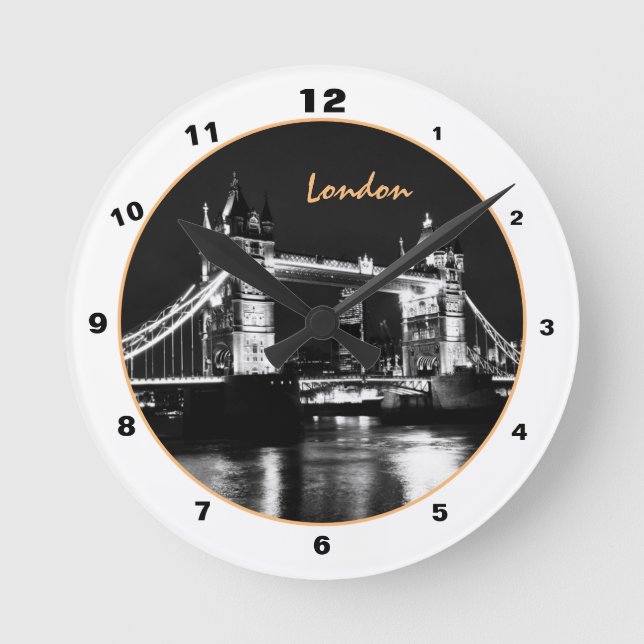 Tower Bridge & London at Night England /British BW Round Clock (Front)