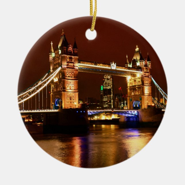 Tower Bridge, London at Night, England (UK) Ceramic Tree Decoration (Front)