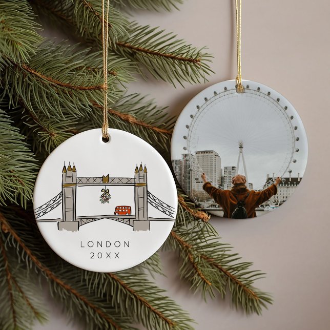 Tower Bridge London Double Decker Christmas Photo  Ceramic Tree Decoration (London souvenir moments photo ornament)