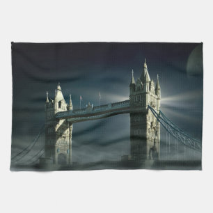 Tower Bridge London in Night Fog Tea Towel