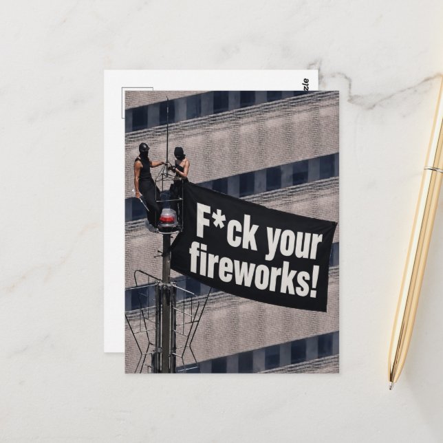 Tower Climbers F*ck Your Fireworks Postcard (Front/Back In Situ)
