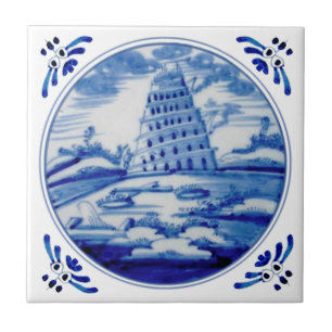 Tower of Babel Blue White Delft 19th Century Repro Tile