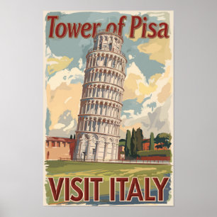 Tower of Pisa Italy Painterly Travel Art Vintage Poster