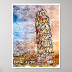 Tower of Pisa Italy vintage travel watercolor Poster