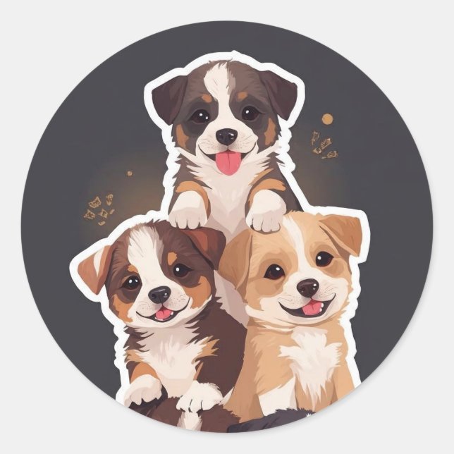 Tower of Puppies – Cute & Wholesome Pet Art Classic Round Sticker (Front)