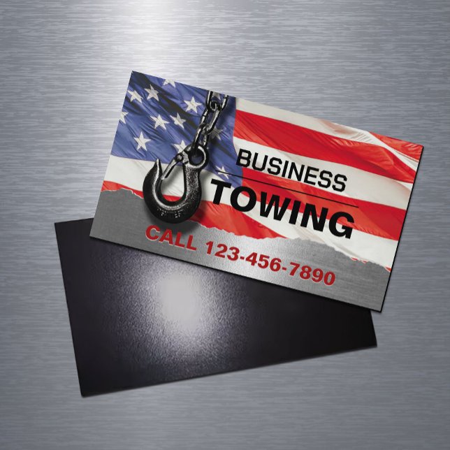 Towing Company Patriotic Metal Tow Truck Hook  Magnetic Business Card (Creator Uploaded)