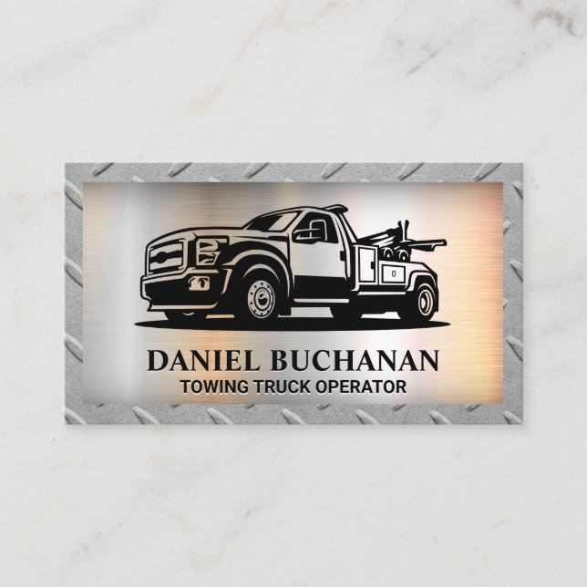 Towing Truck Vehicle | Metal Background Business Card (Front)