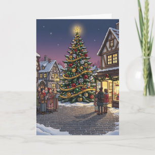 Town Christmas tree and carolers Holiday Card