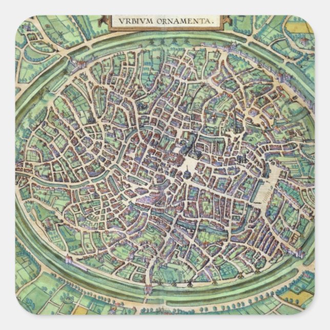 Town Plan of Bruges, from 'Civitates Orbis Terraru Square Sticker (Front)