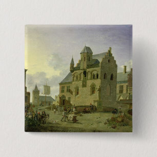 Town square with figures and peasants trading 15 cm square badge
