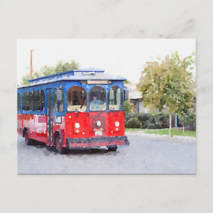 Town Trolley Watercolor Postcard