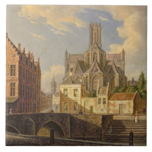 Town View with Figure fishing in a Canal Tile