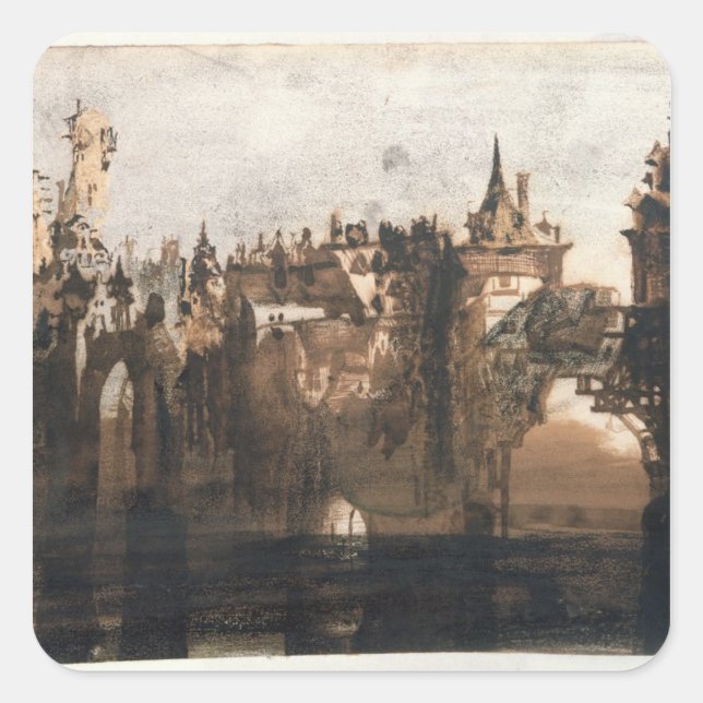 Town with a Broken Bridge Square Sticker (Front)