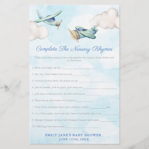 Toy Aeroplane Nursery Rhymes Baby Shower Game Card