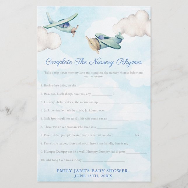Toy Aeroplane Nursery Rhymes Baby Shower Game Card (Front)