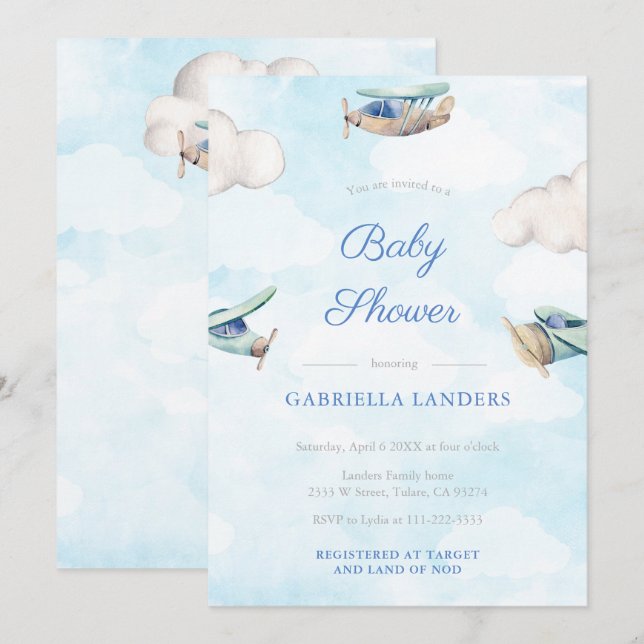 Toy Aeroplane Travel Baby Shower Sprinkle For Boy Invitation (Front/Back)
