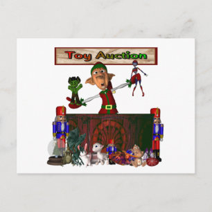 Toy Auction Elf holding toys and more at feed Postcard