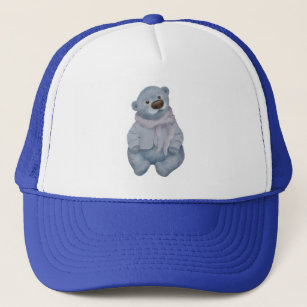 toy blue teddy bear in a jacket with a scarf trucker hat