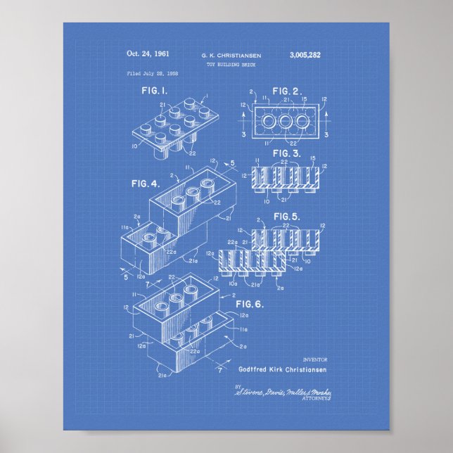 Toy Building Brick 1961 Patent Art - Blueprint Poster (Front)