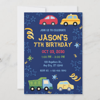 Toy Cars Blue Birthday Party Invitation
