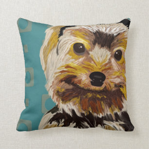 Toy Dog with Brown Yellow hair on turquoise back Cushion
