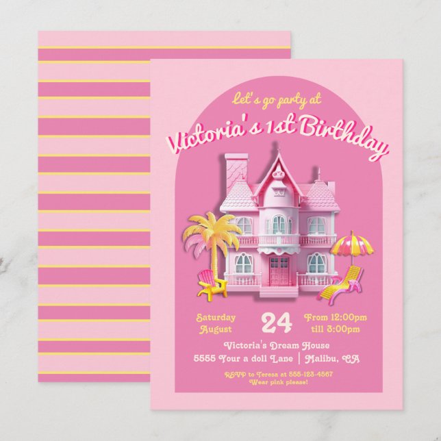 Toy Dream Doll House Pink Birthday Party Invitation (Front/Back)