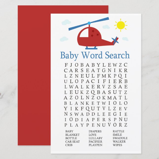 Toy helicopter Baby Shower Word Search Game (Front/Back)