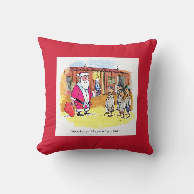 Toy Makers square red throw pillow (Front)