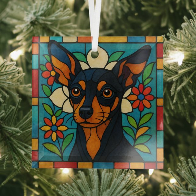 Toy Manchester Terrier Dog "Stained Glass" Glass Tree Decoration (Insitu)