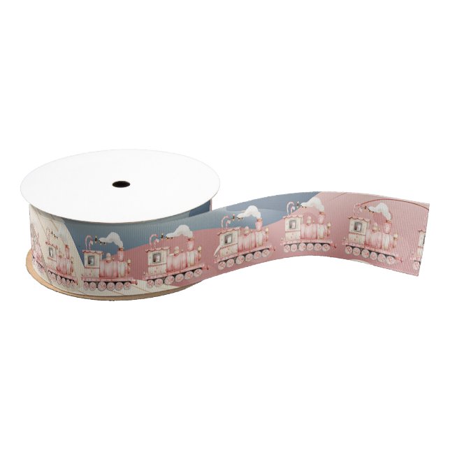 Toy Pink Christmas Locomotive Winter Scene Grosgrain Ribbon (Spool)