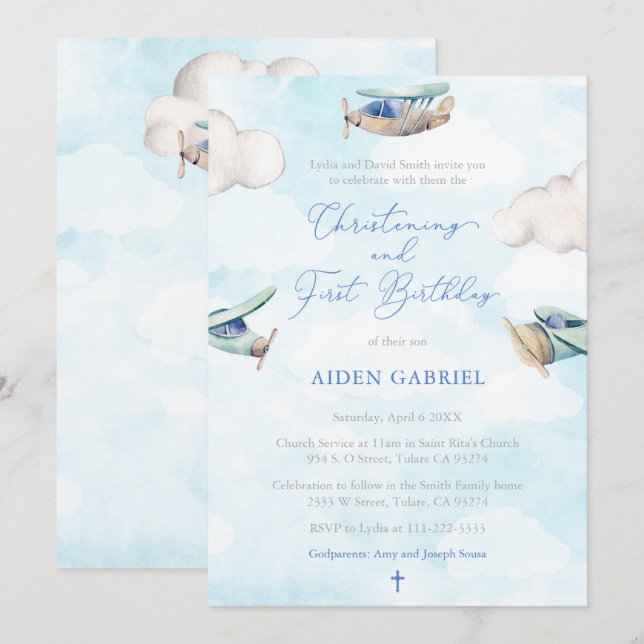 Toy Plane Boy Christening 1st Birthday Party Invitation (Front/Back)