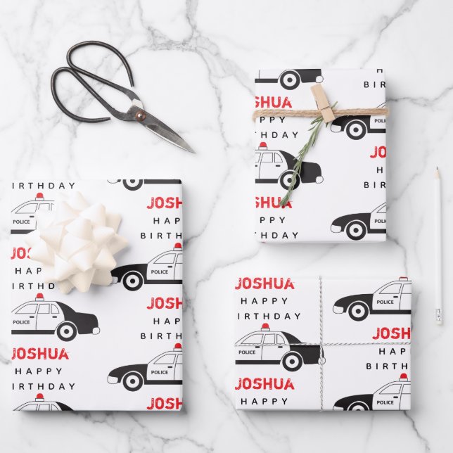 Toy Police Car Custom Name Kids Birthday Wrapping Paper Sheet (Front)