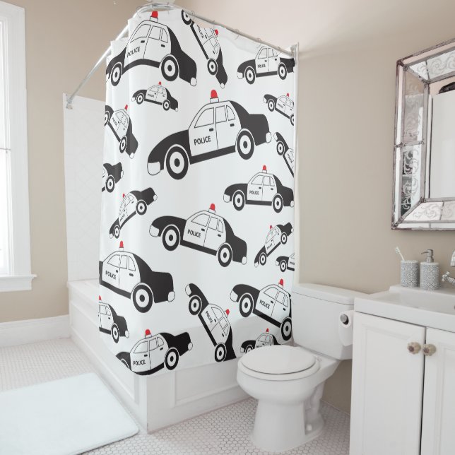 Toy Police Car Design Shower Curtain (In Situ)