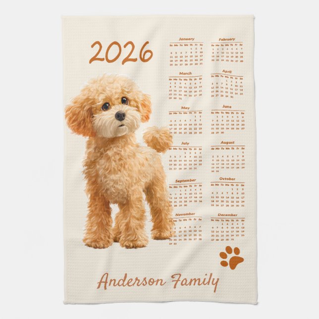 Toy Poodle Dog 2026 Calendar Tea Towel (Vertical)